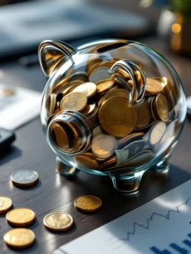 Glazen spaarvarken met euro's op bureau naast rekenmachine en financiële documenten met groeigrafiek op tablet