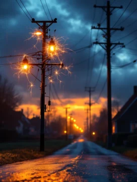 Verlichte elektriciteitstransformator met vonken op paal in donkere straat tijdens stroomstoring bij schemering

