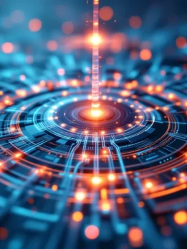 Luchtfoto van glasvezelkabels en netwerkinfrastructuur die samenkomen bij telecommunicatietoren met lichtpulsen