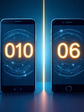 Twee smartphones naast elkaar tonen 010 vast nummer en 06 mobiel nummer op blauwe achtergrond