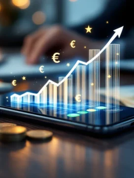 Smartphone op bureau met euro biljetten, munten en holografische kostengrafiek overlay in professionele kantooromgeving