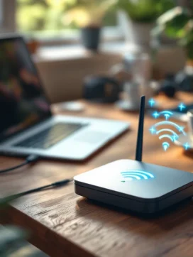 Draadloze router met blauwe indicatoren op bureau met laptop, koffie en smartphone in modern thuiskantoor