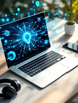 Modern thuiskantoor met laptop die digitale netwerkverbindingen toont, omringd door technologie op wit bureau.