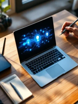 Modern thuiskantoor met laptop, router en kopje koffie op houten bureau in natuurlijk licht, bovenaanzicht
