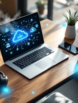 Modern thuiswerkplek met laptop, digitale netwerkverbindingen en ergonomische accessoires op houten bureau