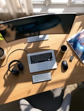 Modern thuiskantoor met laptop, toetsenbord, muis en headset op eiken bureau in natuurlijk licht
