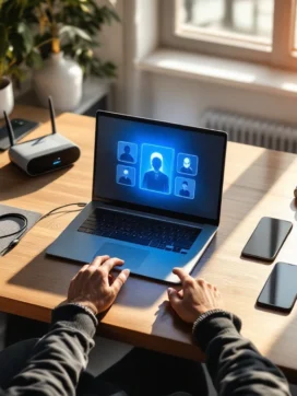 Laptop met videogesprek op modern thuiskantoor bureau met koptelefoon, smartphone en koffie in natuurlijk licht