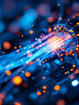 Glasvezelkabels met blauwe en oranje lichtstromen naast moderne zendmast met circuitboards op achtergrond