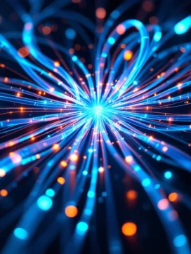 Glasvezelkabels met blauwe en oranje lichtpulsen convergeren naar centrale netwerkhub in luchtfoto