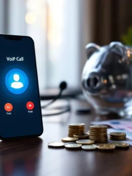 Smartphone met VoIP-interface naast eurobiljetten, munten en spaarvarken op houten bureau met headset