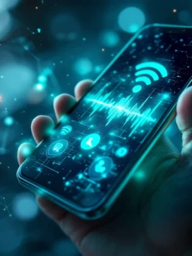 Smartphone met VoIP-oproepinterface en geluidsgolven, omringd door digitale netwerkverbindingen en WiFi-signalen