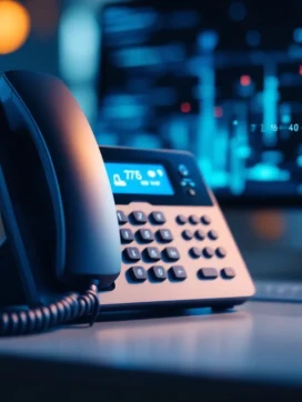 VoIP-telefoon op bureau met ethernetkabel en router, actieve oproepindicatoren verlicht op display