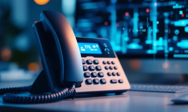 VoIP-telefoon op bureau met ethernetkabel en router, actieve oproepindicatoren verlicht op display