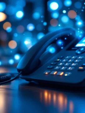 VoIP-telefoon op bureau met verlichte netwerkkabels en digitale datapakketten in blauw licht
