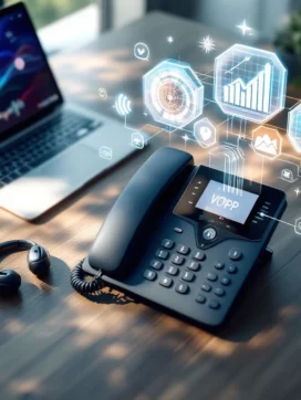 Modern IP-telefoon op bureau met laptop, tablet en holografische VoIP-grafieken en communicatie-iconen
