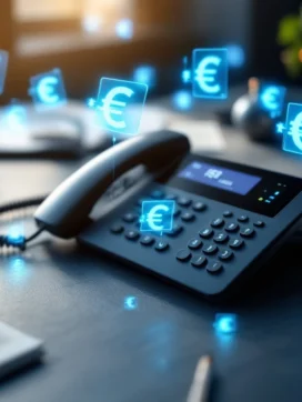 VoIP zakelijke telefoon op modern bureau met euro-symbolen en prijslabels, calculator en financiële documenten zichtbaar
