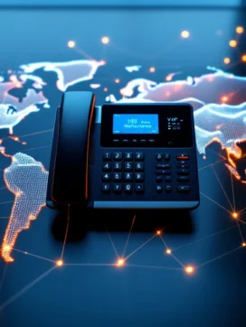VoIP zakelijke telefoon op bureau met wereldkaart en verlichte verbindingslijnen vanuit Nederland naar internationale bestemmingen