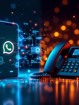 Smartphone met WhatsApp verbonden via datastromen met VoIP-bureautelefoon, netwerkkabels en digitale knooppunten op blauwe achtergrond