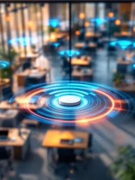 Moderne kantoorruimte met wifi-toegangspunten die draadloze signalen uitstralen door glazen wanden en werkplekken