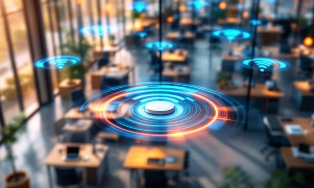 Moderne kantoorruimte met wifi-toegangspunten die draadloze signalen uitstralen door glazen wanden en werkplekken