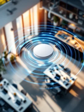 WiFi-toegangspunt op kantoorplafond met blauwe signaalringen boven werkplekken met laptops en netwerkapparatuur
