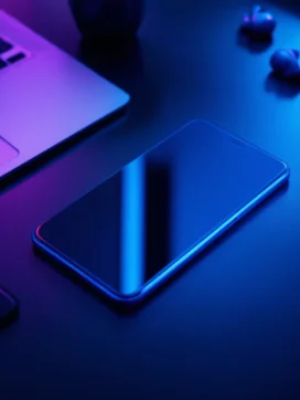 Moderne smartphone op zakelijk bureau met laptop, oordopjes en documenten in professionele blauwe verlichting