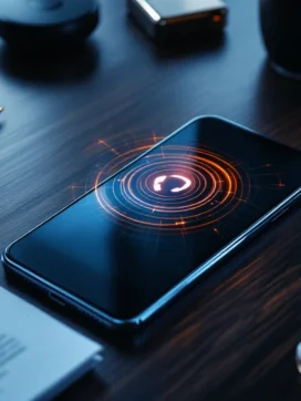 Smartphone met zakelijke belinterface op houten bureau omringd door contract en SIM-kaart in professionele kantooromgeving