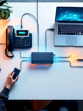 Moderne zakelijke telecomunicatieapparatuur met verlichte glasvezelkabels en netwerkrouter op wit bureau