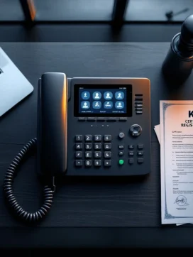 Moderne zakelijke bureautelefoon omringd door laptop, documenten en KvK-certificaat op kantoorbureau