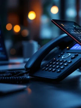 Zwarte zakelijke telefoon met zwevende hoorn op modern bureau met laptop en tablet op de achtergrond
