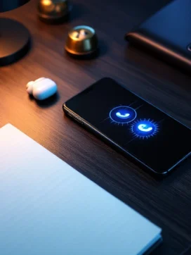 Smartphone met zakelijke belinterface op bureau met notitieboek, oordopjes en verlichting voor MKB telecom