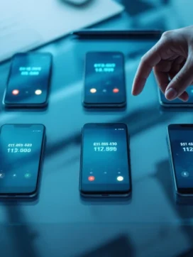 Smartphones in rasterpatroon op bureau tonen zakelijke telefoonnummers, hand zweeft boven voor selectie