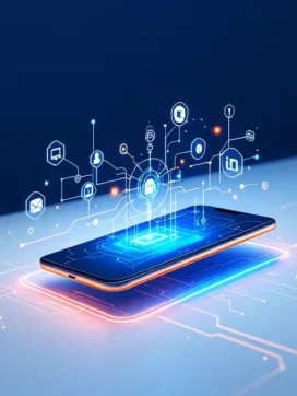 Moderne smartphone op blauwe gradiënt achtergrond met digitale verbindingspictogrammen voor zakelijke IT-oplossingen