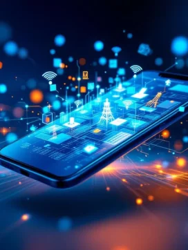 Moderne smartphone met netwerkverbindingspictogrammen omringd door telecommunicatie-elementen in blauwe gradiënt