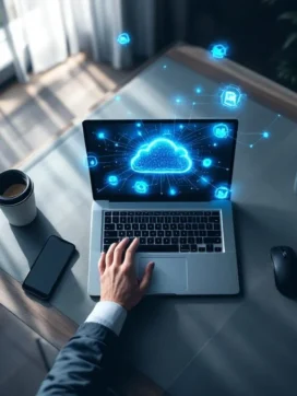 Bovenaanzicht modern thuiskantoor met laptop, holografische cloud-iconen en netwerkverbindingen in blauw licht
