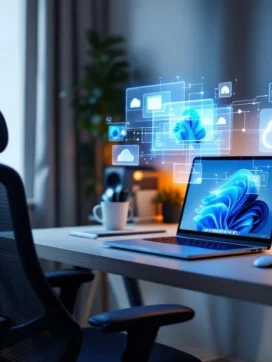 Moderne thuiswerkplek met laptop die holografische virtuele bureaubladen toont, ergonomische stoel en digitale connectiviteit