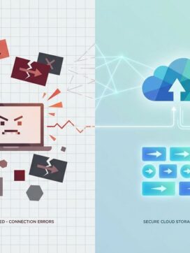 Laptop met kapotte bestandsoverdracht naast georganiseerde cloudopslag visualisatie in blauw-groen tinten