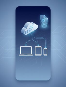 Cloud-icoon verbonden met laptop, tablet en smartphone via datalijnen met beveiligingsschild op blauwe achtergrond