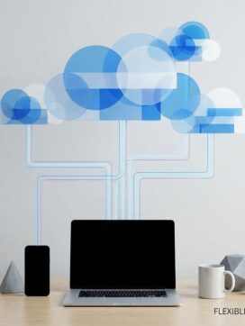 Moderne laptops en smartphones verbonden met geometrische wolken via lijnen, minimalistische IT-infrastructuur in blauw en wit