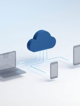 Blauwe cloud-icoon verbonden met laptop, smartphone en tablet via gloeiende lijnen op lichtblauwe achtergrond