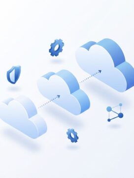 Drie oplopende cloud-vormen verbonden door stippellijnen met zwevende iconen van schild, tandwiel en netwerkknooppunten