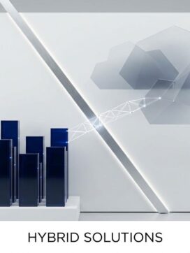 Geometrische illustratie van on-premise servers en cloud computing verbonden door een brug, symboliseert hybride IT-oplossingen