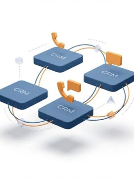 Geometrische CRM-platformen in blauw verbonden met oranje communicatie-iconen via vloeiende lijnen op witte achtergrond