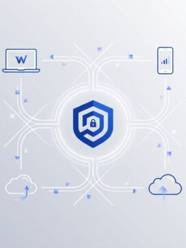 Blauw schild-icoon verbonden met laptops, smartphones en cloud-symbolen via witte lijnen op grijze achtergrond