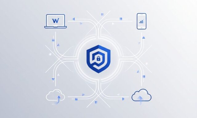 Blauw schild-icoon verbonden met laptops, smartphones en cloud-symbolen via witte lijnen op grijze achtergrond