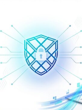 Geometrisch cybersecurity schild met slot symbool, verbonden netwerk nodes en laptop op witte achtergrond