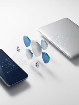 Smartphone en laptop met blauwe schildpictogrammen en slotjes die cybersecurity en gegevensbescherming symboliseren