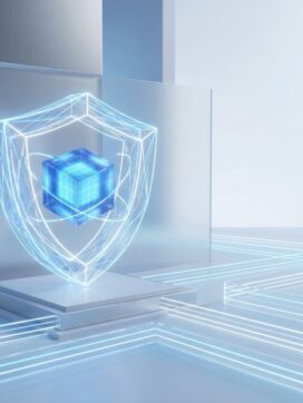 Geometrisch schild beschermt gloeiende datacube met uitstralende toegangspaden in blauw-wit kleurenschema