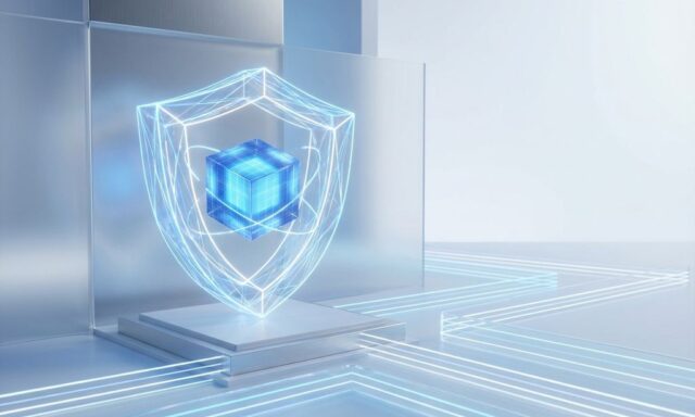 Geometrisch schild beschermt gloeiende datacube met uitstralende toegangspaden in blauw-wit kleurenschema