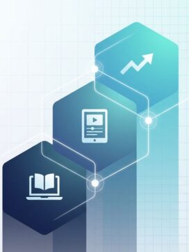 Geometrische hexagonen met laptop- en tablet-iconen verbonden door witte lijnen op blauwe achtergrond, digitaal leren concept